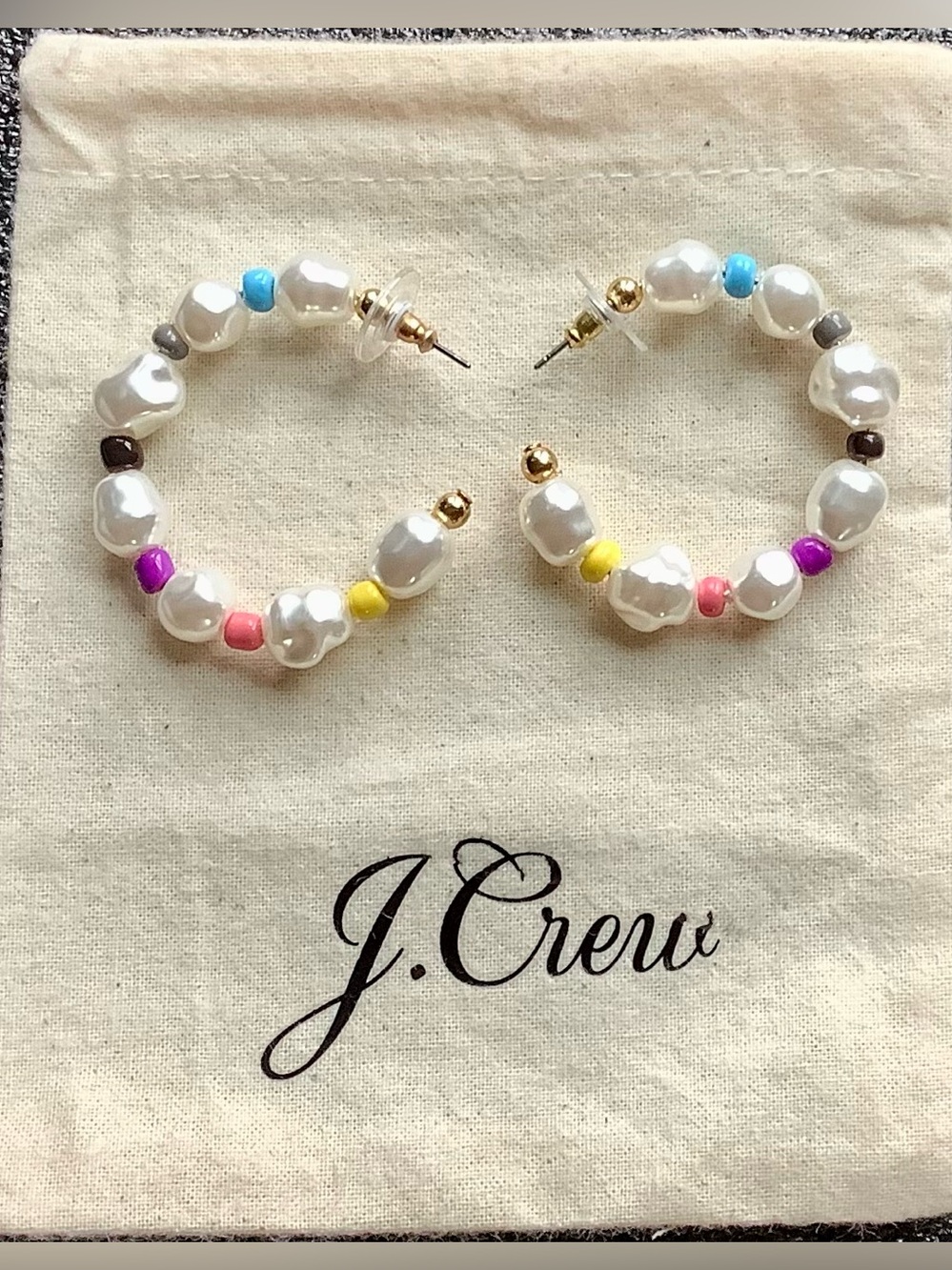 J. Crew White Pearl Hoop Earrings with Multicolor Accent Beads